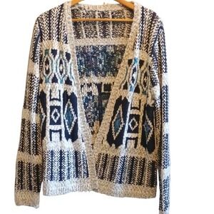 Womens Tribal Geometric Pattern Cardigan Sweater Navy Blue White Open Front